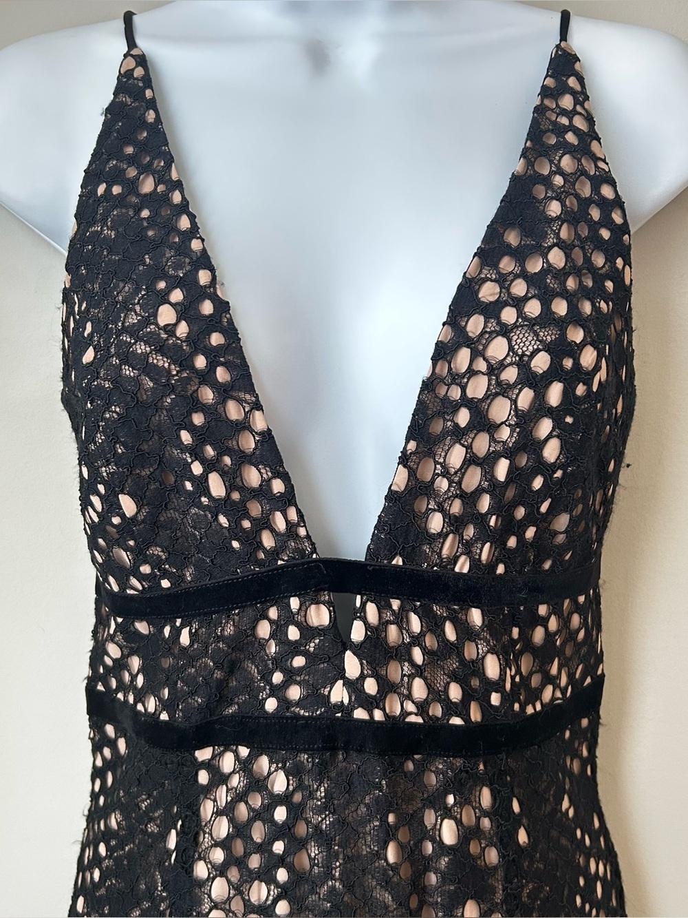 BNWT Slip Dress Black Lace with Velvet Trim 90s sheer midi Wedding Guest